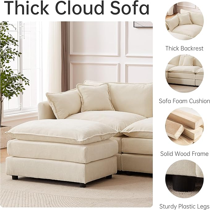 saows Modular Sectional Sofa, 112.2 Inch L Shaped Couch Set with Armrests, 3-Seater Comfy Cloud Couches with Movable Ottoman for Living Room Apartment, Beige
