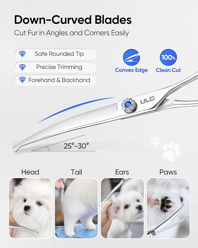 ULG 7.5" Curved, Compact Dog Grooming Scissors - Professional Pet Shears, Silver Stainless Steel