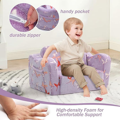 MeMoreCool Toddler Chair Comfy 1-3 Years Old, Kids Couch for Playroom, Convertible Glowing Butterfly Flip Out Sofa, Kids Furniture Floor Recliner Chair Bed