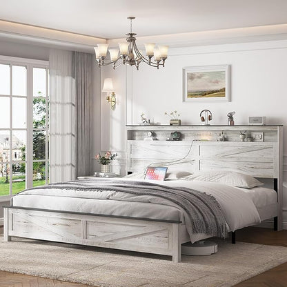 Farmhouse Wooden Bed Frame King Size with Storage Headboard, Boho Platform Bedframe with LED Lights and Charging Station, Metal Slats Support, No Box Spring Needed, White