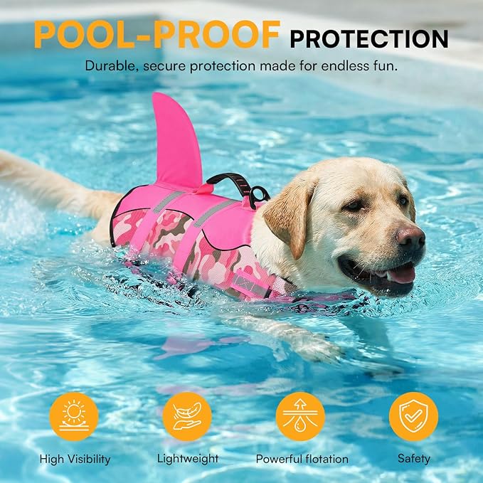 Dog Life Jacket Ripstop Dog Shark Safety Vest Adjustable Preserver with High Buoyancy and Durable Rescue Handle for Small,Medium,Large Dogs, Pink Camouflage Large