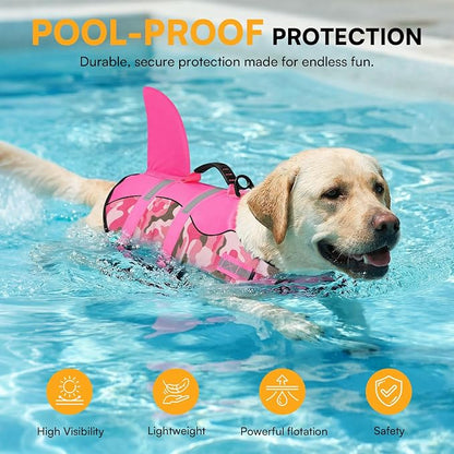 Dog Life Jacket Ripstop Dog Shark Safety Vest Adjustable Preserver with High Buoyancy and Durable Rescue Handle for Small,Medium,Large Dogs, Pink Camouflage Large