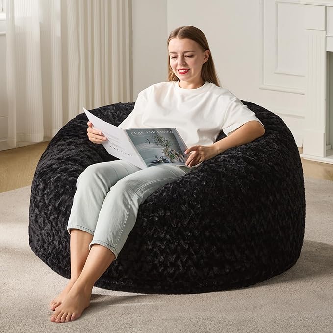 Hobestluk 3ft Bean Bag Chairs for Adults Large Beanbag Chair with Chevron Plush Fur Cover Big Bean Bag Chair for Living Room Bedroom Dorm Office - Black (36” x 36” x 22”)