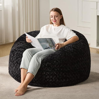 Hobestluk 3ft Bean Bag Chairs for Adults Large Beanbag Chair with Chevron Plush Fur Cover Big Bean Bag Chair for Living Room Bedroom Dorm Office - Black (36” x 36” x 22”)