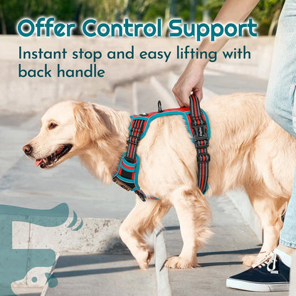 Eagloo Dog Harness for Large Dogs, Easy Wearing with 3 Buckles, Adjustable No Pull Pet Harness with 2 Rings for Walking, No Chock Reflective Soft Padded Vest with Control Handle, Red & Teal, L