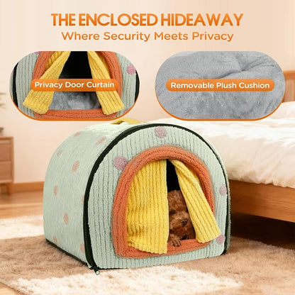 Dog House Indoor for Small Dogs, Green, Medium | 2-in-1 Enclosed Dog Bed with Cover Cave & Curtain, Dog Tent with Plush Washable Cushion, Inside Dog House for Pets