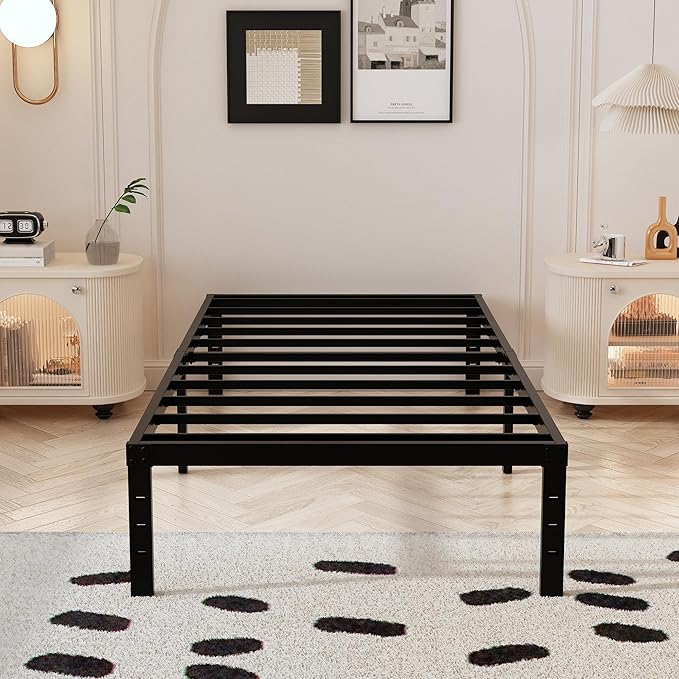 Twin Bed Frame with White Fabric Cover 14 Inch, Heavy Duty Metal Bed Frame Twin, No Box Spring Needed, Support Up to 2500 lbs, Easy Assembly, Noise Free, Black
