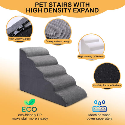 Dog Stairs for Bed, 5 Tier Dog Steps for Couch and High Bed, Non-Slip Pet Stairs, 24" High Sofa Foam Ramp - Best for Small Pets, Older Cats with Joint Pain