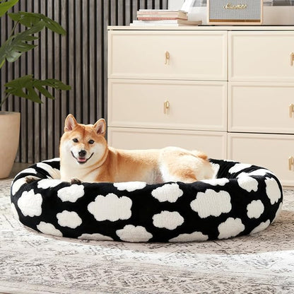 JOEJOY Jacquard Donut Round Dog Beds Large Sized Dog,Black 36x36x8in, Removable Washable Cover, Cute Pattern, Ultra Soft Fluffy Calming Pet Bed with Thick Supportive Bolster