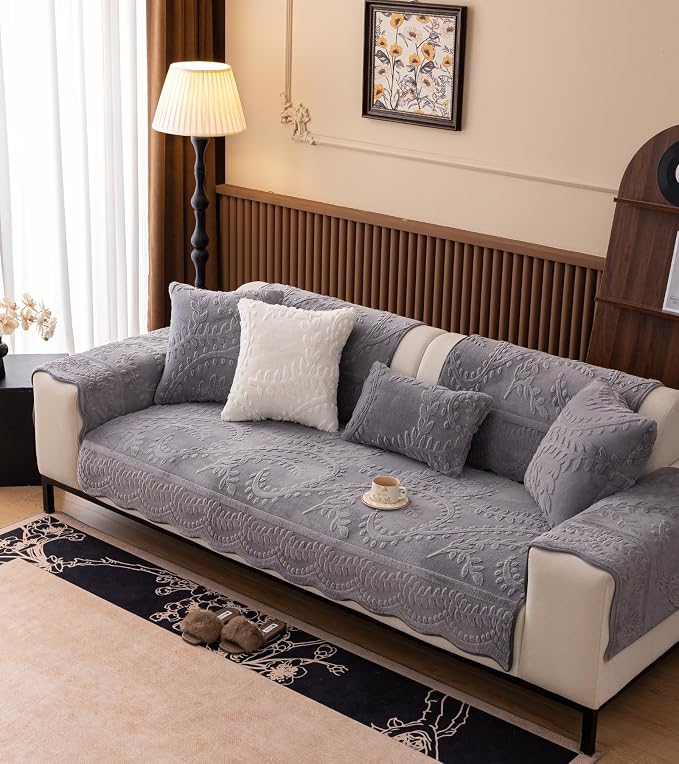 Grey Fuzzy Rabbit Plush Sofa Cover Cozy Warm Sofa Couch Covers with 3D Jacquard Leaf Pattern Non-Slip Easy-to-Install Shaggy Sofa Slipcover Prefect for Kids Dogs Cats Cats(Grey,36"x47")