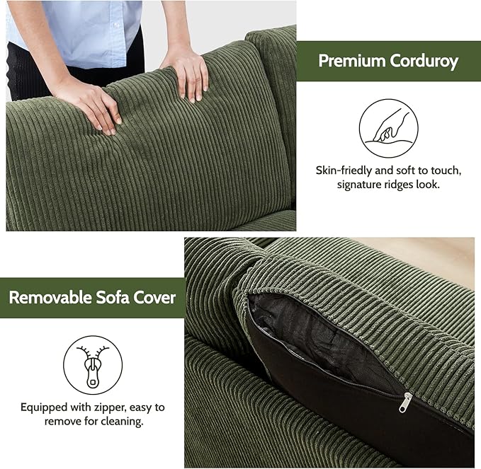 WEUP 68" Loveseat Sofa Green Corduroy Couch, Mid Century Modern Love Seat Couches for Living Room, Small Loveseat for Bedroom Office, Comfy Sofa with Spring Cushion, Solid Wood, Tool-Free Assembly