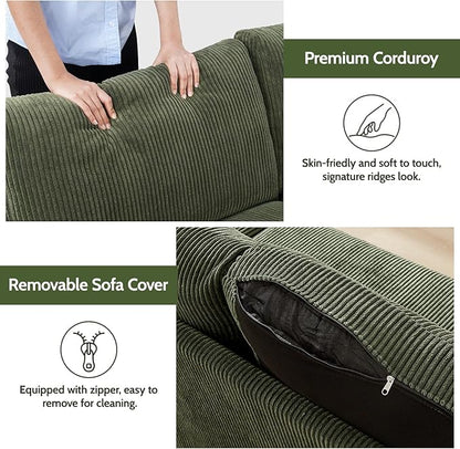 WEUP 68" Loveseat Sofa Green Corduroy Couch, Mid Century Modern Love Seat Couches for Living Room, Small Loveseat for Bedroom Office, Comfy Sofa with Spring Cushion, Solid Wood, Tool-Free Assembly