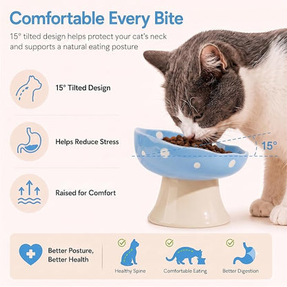 Blue Mushroom Cat Bowl, Elevated Ceramic Bowl for Cats | Cute Mushroom Design, Elevated, Ceramic, Whisker Friendly, Anti Vomiting