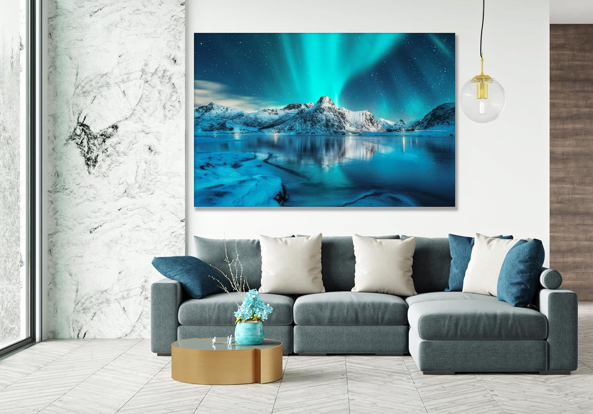 Nature Wall Art Prints - Ocean Forest Mountain Lake Canvas Landscapes - Small to Extra Large Living Room Bedroom Kitchen Bathroom Décor (Northern Lights Over Lake, 31L" x 47W")