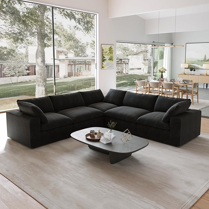 JACH Modern Seational Couch for Living Room, 5-Seats Modular Convertible Sofa, V-Shaped Cloud Couches, Couch Cushion Covers Removable, Comfy Sofas for Living Room Apartment (Black)