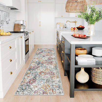 Lahome Moroccan Trellis Hallway Runner Rug, 2x6 Kitchen Runner Rugs Non Skid Washable, Vintage Laundry Room Rug Ultra-Thin Long Carpet for Bathroom Bedroom Entryway, Aqua/Multi