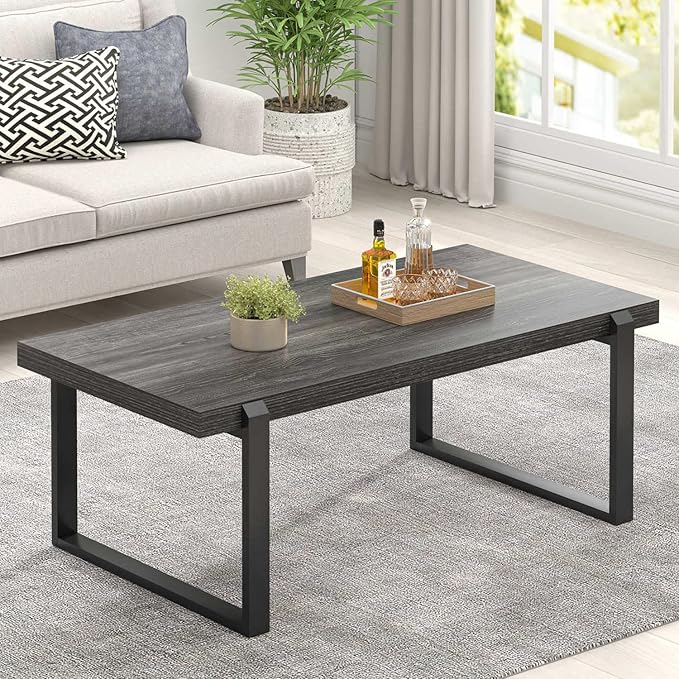 FOLUBAN Coffee Table, Modern Industrial Wood and Metal Center Table, Rectangle Cocktail Tea Table for Living Room, Dark Gray, 44 Inch