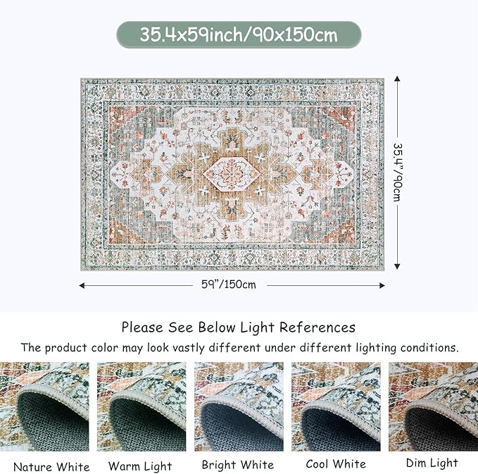 Moynesa Ultra-Thin Washable Area Rug - 3x5 Entryway Rug Washable Bedroom Rug Non Slip Front Door Mat, Vintage Medallion Printed Indoor Carpet for Living Laundry Bathroom Vanity Foyer, Beige/Gold