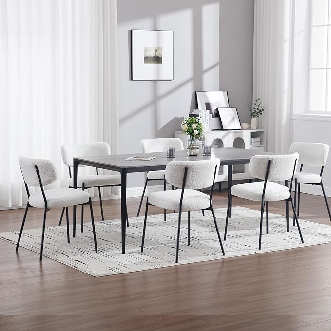 KCC Boucle Dining Chairs Set of 4, Modern Mid-Century Upholstered Stylish Kitchen Chairs Sherpa Accent Diner Chairs with Metal Legs and Curved Back for Kitchen, Dining Room(White)