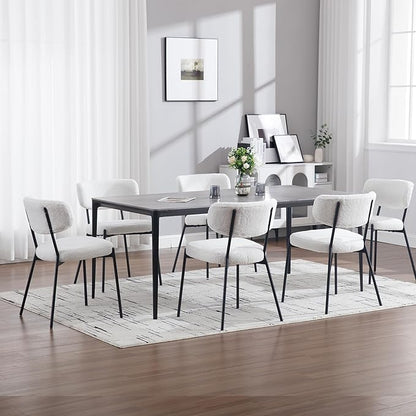 KCC Boucle Dining Chairs Set of 4, Modern Mid-Century Upholstered Stylish Kitchen Chairs Sherpa Accent Diner Chairs with Metal Legs and Curved Back for Kitchen, Dining Room(White)