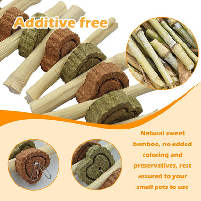 4 PCS Rabbit Chew Toys for Teeth Grinding, Delicious Bunny Cage Hanging Chew Toys, Natural Sweet Bamboo Chew Sticks and Timothy Grass Cake Hay Treats Maintaining Healthy Teeth for Rabbits