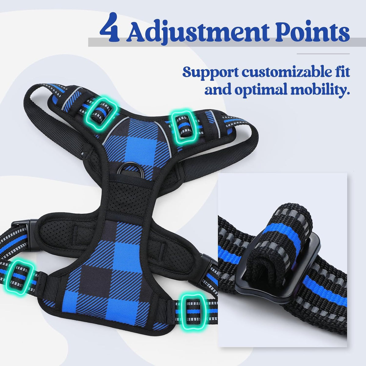 rabbitgoo Dog Harness No Pull with 2 Leash Clips, Adjustable Soft Padded, Reflective Oxford No Choke Pet Vest with Easy Control Handle for Medium Sized Dogs, Blue Plaid, M