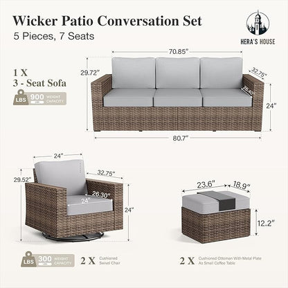 HERA'S HOUSE Patio Furniture Conversation Set, Outdoor Swivel Glide Wicker Chairs with 4.92" Widened Armrest, 5 Pieces Deep Seating Yellow Rattan Sofa with 5.5" Gray Cushions for Deck Garden Yard