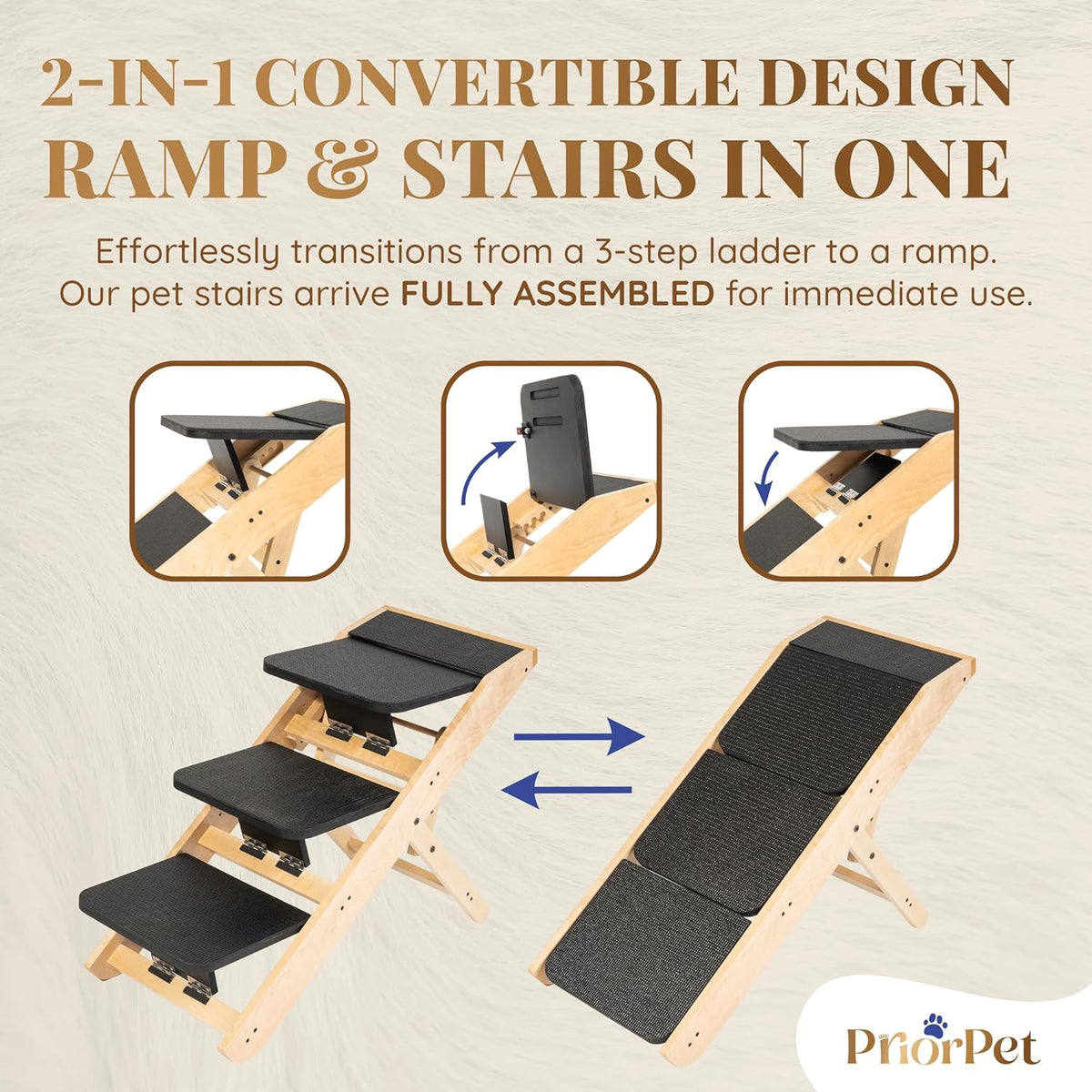 Dog Steps for Bed & Couch 2-in-1 Dog Stairs/Ramp - Height Adjustable Dog Ramp for Couch 7” - 20” - Pet Stairs, Dog Stairs for Small Dogs - Easy to Move Pet Steps with Landing Platform, Natural