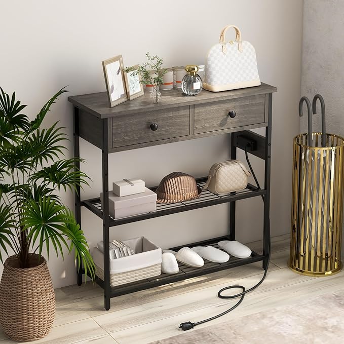 GOFLAME Console Table with Power Outlet, Narrow Entry Table with Drawers, 2 AC Outlets & 2 USB Ports, Sofa Table for Living Room Behind Couch, Living Room, Foyer, Grey Oak