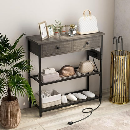 GOFLAME Console Table with Power Outlet, Narrow Entry Table with Drawers, 2 AC Outlets & 2 USB Ports, Sofa Table for Living Room Behind Couch, Living Room, Foyer, Grey Oak