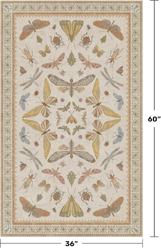 3x5 Washable Non-Slip Bathroom Rug, Colorful Insect Rug for Kids Room - Ultra Soft Low Pile Cottagecore Butterfly & Beetle Pattern for Nature-Inspired Home Décor