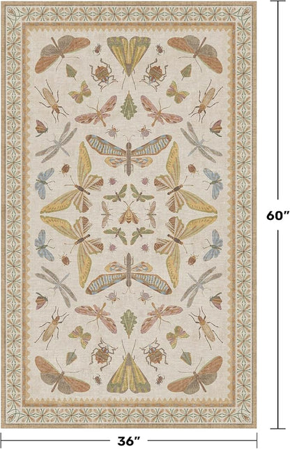 3x5 Washable Non-Slip Bathroom Rug, Colorful Insect Rug for Kids Room - Ultra Soft Low Pile Cottagecore Butterfly & Beetle Pattern for Nature-Inspired Home Décor