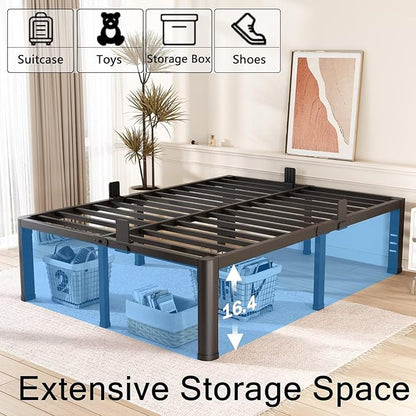 FUIOBYVV 18 Inch King Bed Frame with Rounded Corner and Headboard Hole Mattress Retainers 3500 LBS Metal Heavy Duty Steel Slats Support No Box Spring Needed Platform Noise Free Easy Assembly