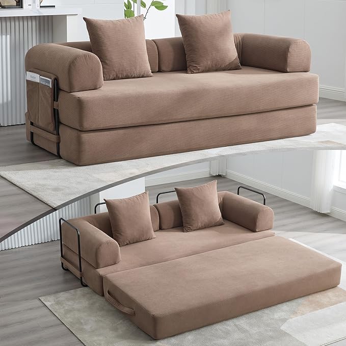 Convertible Folding Mattress Couch, Comfy Corduroy Sleeper Floor Sofa Bed with Fixed-Shape Frame, Floor Sofa with Armrest, Lounge Couch for Living Room Bedroom Lounge Studio,Brown
