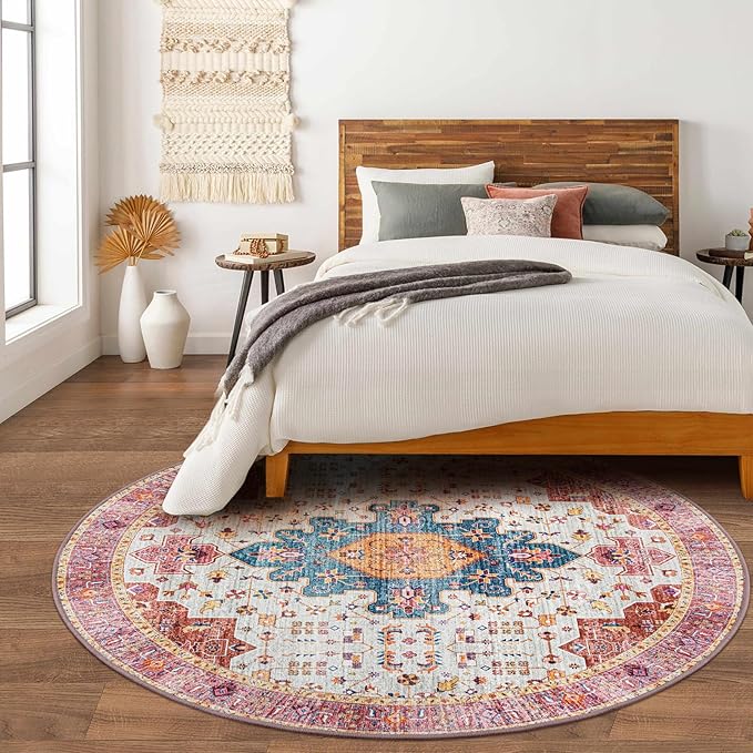 Moynesa Ultra-Thin Washable Round Rug - 6ft Pink Large Living Room Circle Area Rugs, Vintage Dining Room Mat Stain Resistant Nursery Carpet for Bedroom Mudroom Kitchen Apartment Home Office