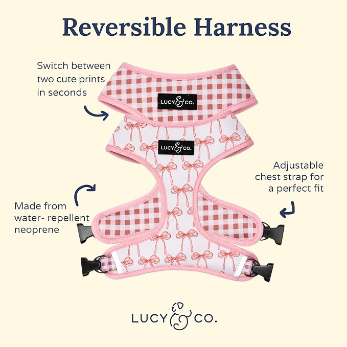 Lucy & Co. Reversible Dog Harness - Water-Repellent Neoprene, Dual-Print Design, Easy Swap Style, Adjustable Comfort Fit - Take a Bow Reversible Harness - Large