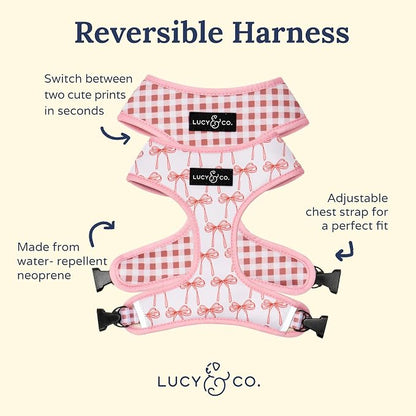 Lucy & Co. Reversible Dog Harness - Water-Repellent Neoprene, Dual-Print Design, Easy Swap Style, Adjustable Comfort Fit - Take a Bow Reversible Harness - Large