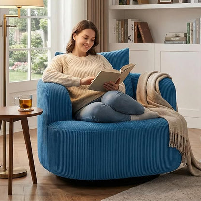 Furnimart 360° Swivel Barrel Accent Chair Set of 2, Round Upholstered Comfy Lounge Chair, Corduroy High-Resilienc Foam Single Sofa, No Assembly Wide Seat for Living Room, Bedroom, Apartment (Blue)