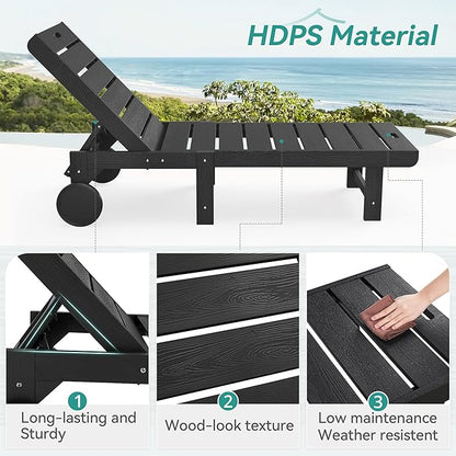 Outdoor Chaise Lounge Chairs with Table, 2-Piece, 26.8” Super Wide Lounge Chair Outdoor, HDPS Pool Chairs with 5 Positions, Patio Lounge Chair with Wheels for Pool,Lawn,Backyard, Black