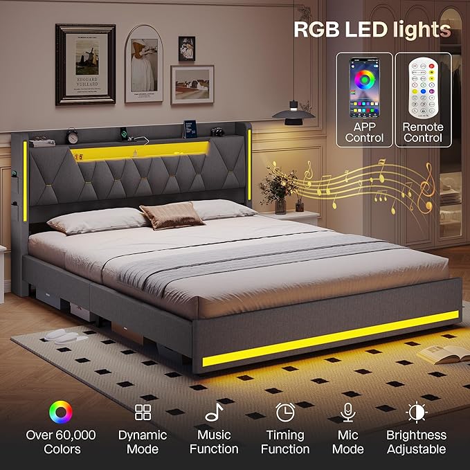 California King Bed Frame, Platform Bed Frame with Storage Headboard and LED Lights, Upholstered Headboard & Charging Station,Metal Support,No Box Spring Needed, Noise-Free, Easy Assembly, Gray