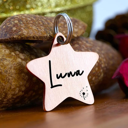 Ultra Joys Cat ID Tag Personalized Pet Tags, Durable Stainless Steel Small Pet Mini Dog Cat Tag Lightweight - Star Tag in Rose Gold