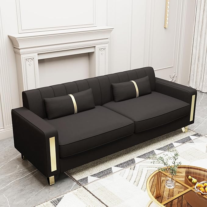 Couch 85.62" 3 Seats Sectional Velvet Fabric Sofa Easy Assemble Sofa Bed with 2 Couch Pillows,Gold Metal Legs for Living Room (P17, Black（3+1+1）)