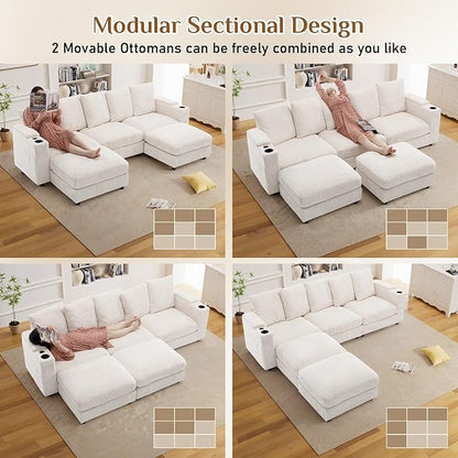 110" W x 60" D U Shape Sectional Sofa with USB Charging & Cup Holder & Storage, 5 Seater Plush Corduroy Couches with Movable Ottoman, Cloud Couch Sofas for Living Room, DIY Combination - Beige White
