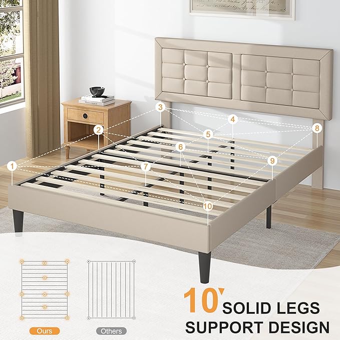 VECELO Full Size Bed Frame with Adjustable Headboard, Upholstered Button Tufted Platform Bedframe with Wood Slats Support, No Box Spring Needed, Beige