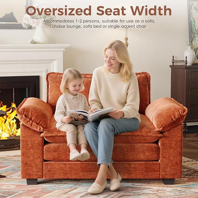 HUSFU Oversized Accent Chair with Ottoman, Chenille Cloud Couch Chair with Deep Seat and Extra Wide Armrests, Comfy Reading Armchair for Bedroom, Living Room, Terracotta Orange