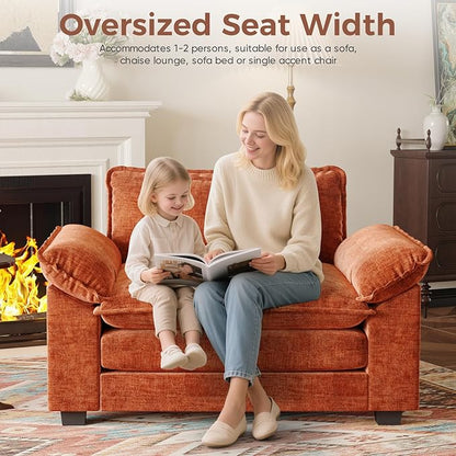 HUSFU Oversized Accent Chair with Ottoman, Chenille Cloud Couch Chair with Deep Seat and Extra Wide Armrests, Comfy Reading Armchair for Bedroom, Living Room, Terracotta Orange
