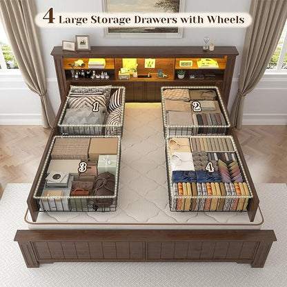 EnHomee Queen Bed Frame with Headboard and Storage,4 Drawers and LED Built in Charging Station Bed Frame Queen Size with Storage Farmhouse, NO Noise,No Box Spring Needed,Brown