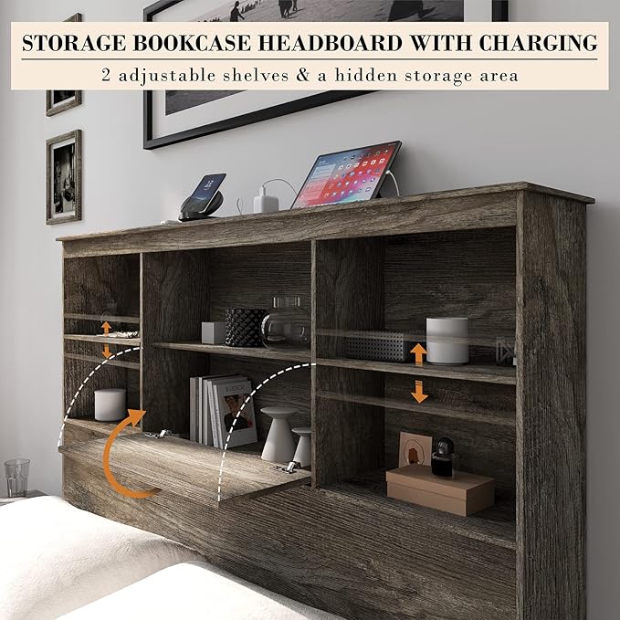 AMERLIFE Queen Size Bed Frame Wooden Platform Bed with 51.2" LED Storage Bookcase Headboard, 4 Storage Drawers & Charging Station/No Box Spring Needed/Noise Free/Rustic Grey