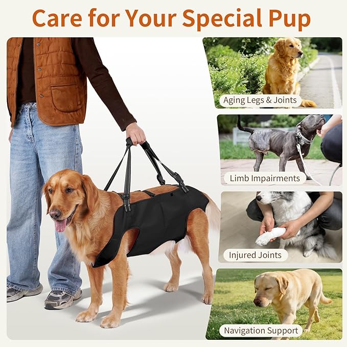 Full Body Dog Lift Harness, Support Senior & Disabled Dogs Walking | Help Up & Down Stairs Grooming, Dog Sling Backpack, Front Hind Leg Joint Injuries, Reflective, Soft Padded Handle | Black, S