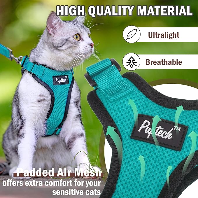 PUPTECK Cat Harness and Leash Set Escape Proof for Walking, Breathable Mash Vest Adjustable Harness for Cats Puppy Small Animals, Reflective at Night, Green Small